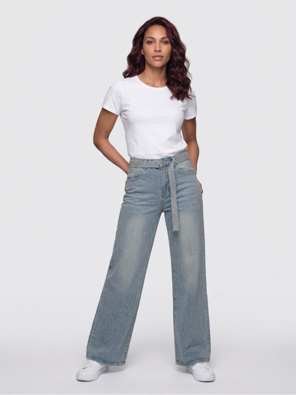 Wide Leg Embellished Light Wash Jeans - White